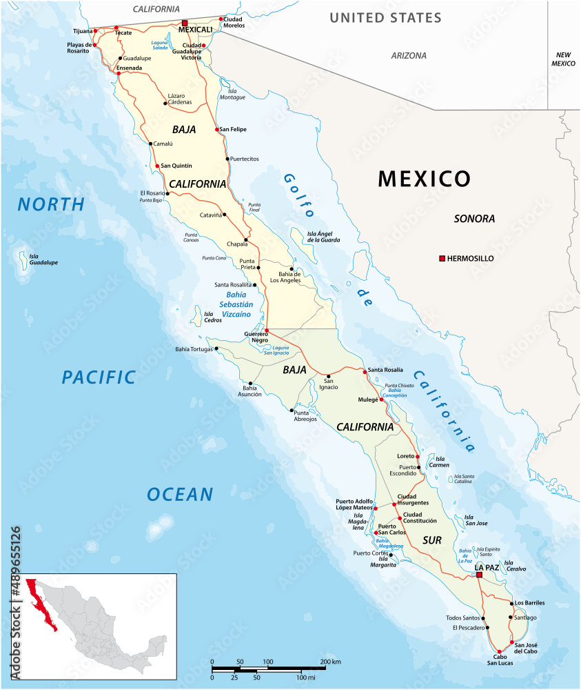 Sticker Vector road map of the mexican states of Baja California and Baja California South