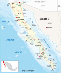 Obraz premium Vector road map of the mexican states of Baja California and Baja California South