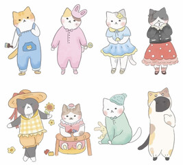 Cute Cat Various Behaviors Animal Drawing Collection, Cat Outline HandDrawn, Assorted Cat Vector Flat icons Watercolor, Cat illustrations icon Set.