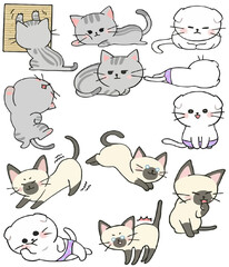 Cute Cat Various Behaviors Animal Drawing Collection, Cat Outline HandDrawn, Assorted Cat Vector Flat icons Watercolor, Cat illustrations icon Set.