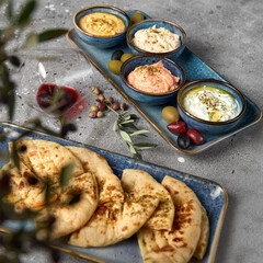Hummus, Tzatziki served with pita bread. Greek and Mediterranean dips and spreads. Traditional classic Turkish and Greek cuisines
