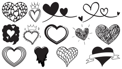 Fototapeta premium Black hand drawn hearts set
