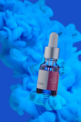 A bottle of cosmetic liquid on a blue background with clouds.