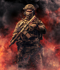 Brave soldier with rifle against fire explosions and smoke