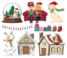 Christmas set with people and houses cover with snow