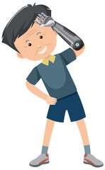 Old man with robot hand doing exercise