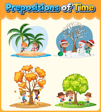 Prepostion wordcard design with four seasons