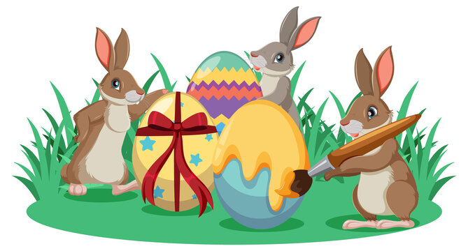 Easter bunnies painting eggs in garden