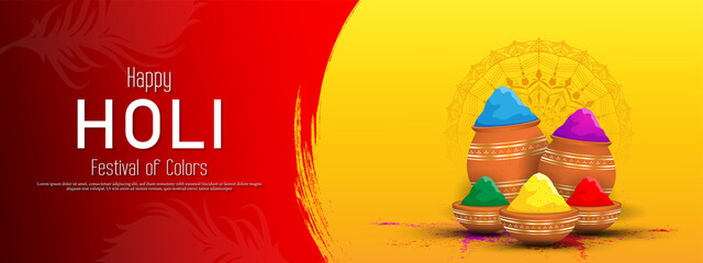 Happy holi festival banner template with holi powder color bowls on multicolor background.
