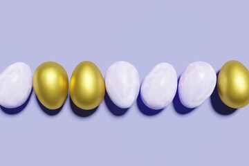 3d render of violet and gold colored Easter eggs on a purple background for your spring project