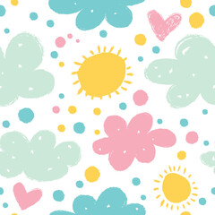 Seamless pattern in the concept of children's drawings. Background with sun and clouds.
