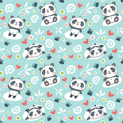 Seamless background with cute pandas, hearts, bamboo and sun.