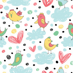 Simple seamless background with cute birds, hearts, flowers and clouds.