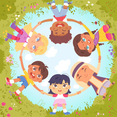 Fototapeta premium Diversity group of happy school friends holding hands, smiling children dance in circle