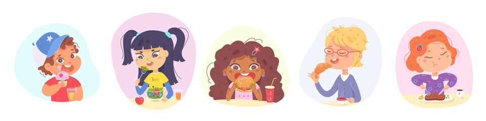 Cute kids eat food set, hungry boy and girl eating dinner, breakfast or lunch meal