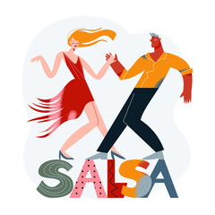 Salsa dance to latin music of couple people, happy young woman and man dancers move - obrazy, fototapety, plakaty
