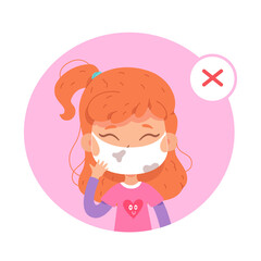 Girl wearing face mask with mistake, incorrect way to wear and use surgical facemask