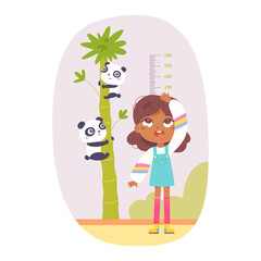 Fototapeta na wymiar Girl measuring height, kid with glasses standing near tall tree with funny pandas