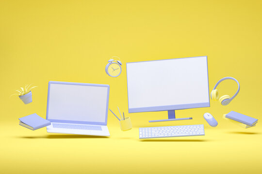 Computer screen with keyboard, laptop, clock, book, calendar, mouse and aloe vera pot floating in pastel yellow color background. Concept of study, online education, deadline . 3d render
