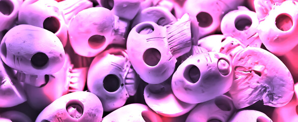 pink skulls background, abstract texture champignons treat for halloween autumn hipster background