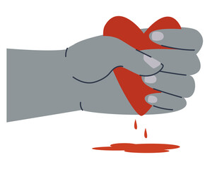 A gray hand clutches a heart. Show of strength. A pool of red blood. Flat vector illustration. Eps10