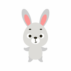 Cute little bunny on white background. Cartoon animal character for kids cards, baby shower, invitation, poster, t-shirt composition, house interior. Vector stock illustration.