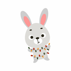 Cute bunny with garland on white background. Cartoon animal character for kids cards, baby shower, invitation, poster, t-shirt composition, house interior. Vector stock illustration.
