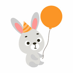 Obraz na płótnie Canvas Cute little bunny on birthday hat keep balloon on white background. Cartoon animal character for kids cards, baby shower, invitation, poster, t-shirt composition. Vector stock illustration.