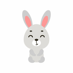 Cute little sitting bunny on white background. Cartoon animal character for kids cards, baby shower, invitation, poster, t-shirt composition, house interior. Vector stock illustration.