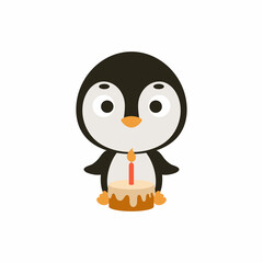 Cute little penguin with birthday cake on white background. Cartoon animal character for kids cards, baby shower, invitation, poster, t-shirt composition, house interior. Vector stock illustration.