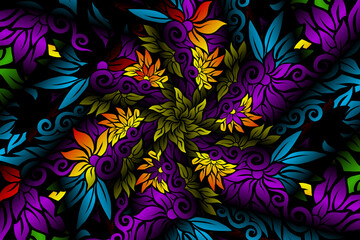 seamless colourful caleidoscope gradient flower and leaf art pattern of indonesian culture traditional tenun batik ethnic dayak ornament for wallpaper ads background 