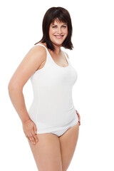 Im comfortable with who I am. Studio shot of a positive-looking young plus-size model wearing underwear isolated on white.