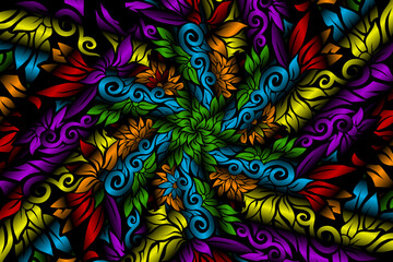 seamless colourful caleidoscope gradient flower and leaf art pattern of indonesian culture traditional tenun batik ethnic dayak ornament for wallpaper ads background 