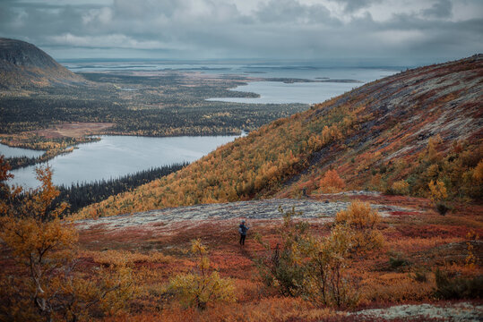 View of the northern lakes from the hills in autumn, autumn in the north