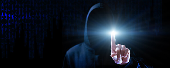 Cyber security hacker concept. Internet web hack technology. Blurred Hacker man hand isolated on...