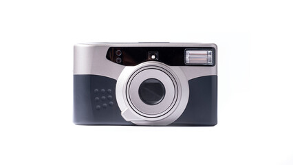 Point and shoot camera on white background. film photography