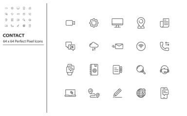 set of contact line icons, address, communication, email
