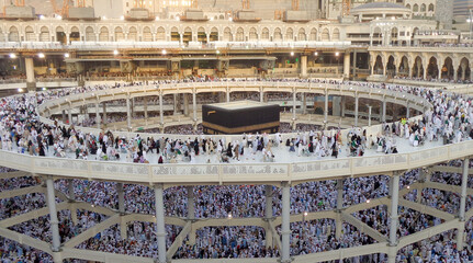 Muslim pilgrims from all over the world gathered to perform Umrah or Hajj around the Kaaba at the Haram Mosque in Mecca, Saudi Arabia