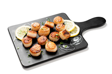 Grilled scallops with  lemon slices and greens. isolated on white background