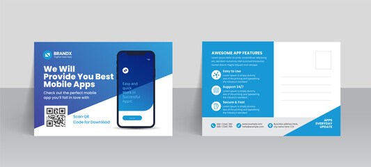 Mobile app promotion postcard template with creative layout