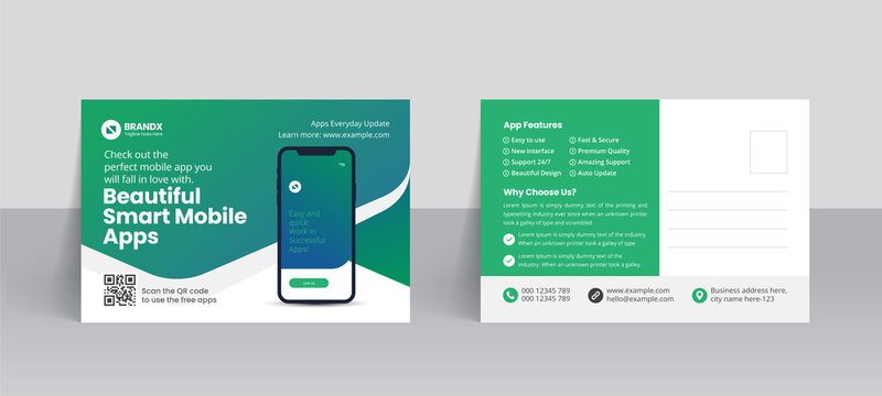 Postcard template for mobile app promotion business with creative layout