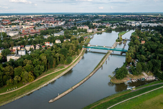 Opole, drone aerial view of bridge over Odra Oder river.