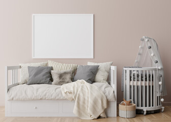 Empty horizontal picture frame on brown wall in modern child room. Mock up interior in scandinavian style. Free, copy space for your picture. Bed, toys. Cozy room for kids. 3D rendering.
