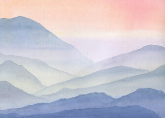 Watercolor landscape, mountain view. Blue mountains against the sunset sky.