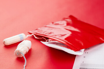 woman tampon and a sanitary napkin on a red background, menstrual period, PMS and feminine hygiene