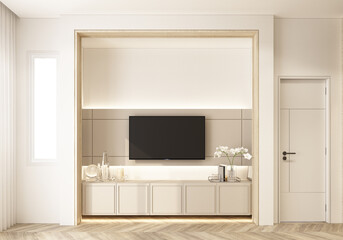 The walls are decorated in white tones with wooden materials, built-in cabinets and wooden arches on parquet floors and sunlight through the windows with sheer curtains. and the door 3d render