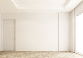 Empty room in white tone that has not been decorated. There are doors and large windows. on parquet floor 3d rendering