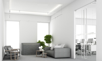 Contemporary spacious office room interior with city view and daylight. Workplace design concept with carpet floor and office furniture meeting room living area and reception hall white. 3D Rendering