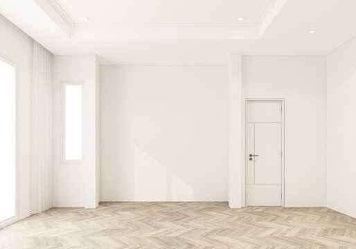 Empty room in white tone that has not been decorated. There are doors and large windows. on parquet floor 3d rendering