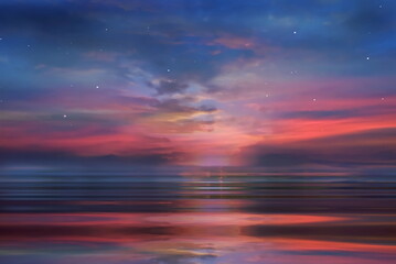 starry  night sky blue sunset pink yellow cloudy sky sun down 
 clouds reflection on sea water...